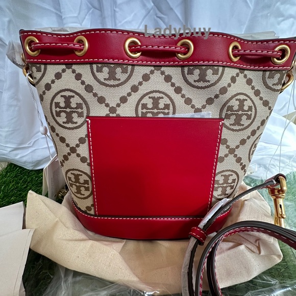 ❇️Tory Burch T Monogram Jacquard Bucket Bag Crossbody Hazelnut Tory Red Gold - Picture 7 of 8